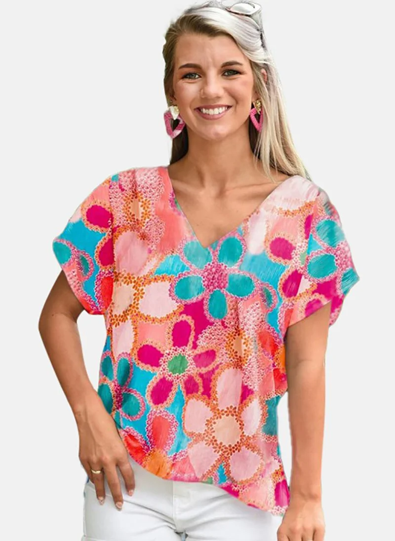 يونيكي Pink Floral Short Sleeve V Neck Tunics