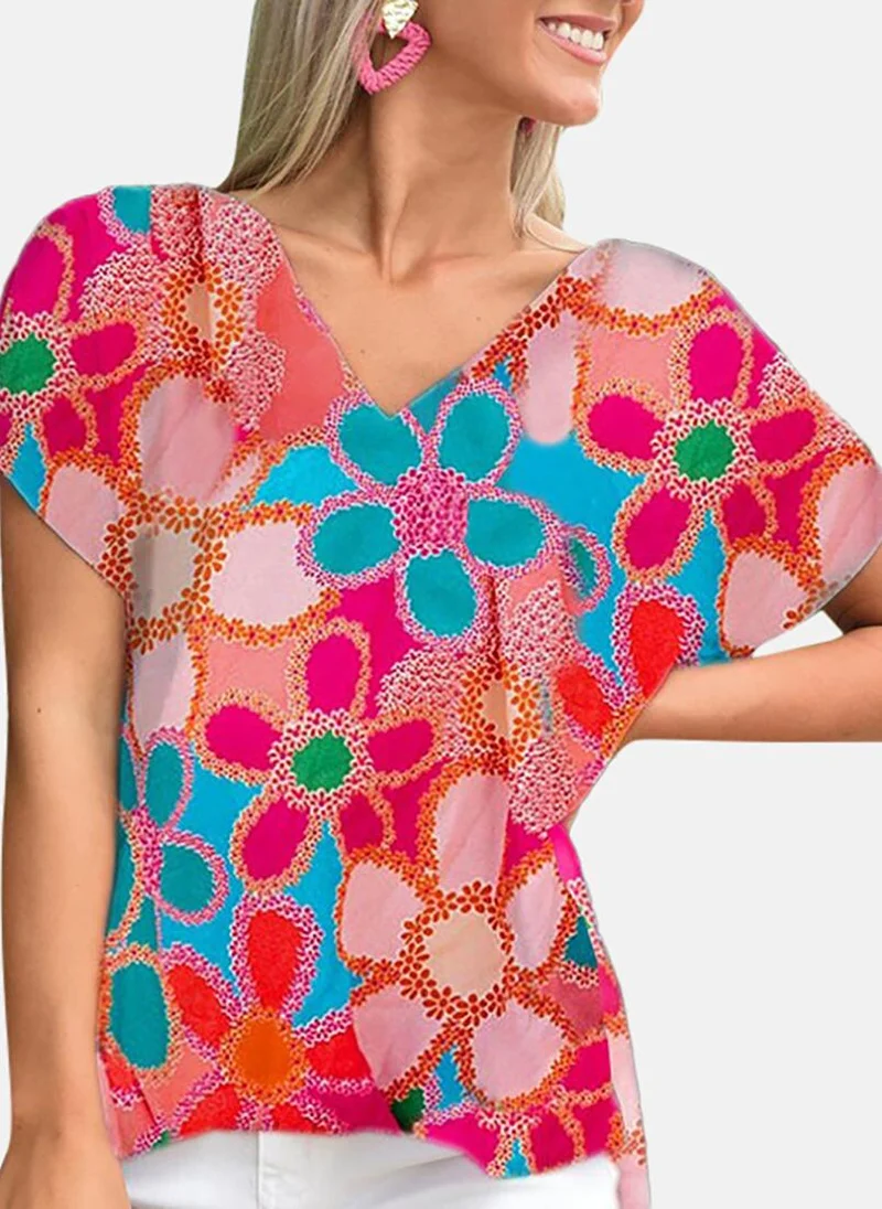 يونيكي Pink Floral Short Sleeve V Neck Tunics