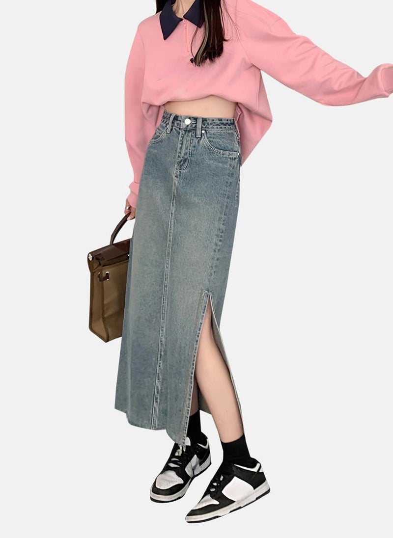 YUNIQEE Blue Solid Denim Midi Skirt - Image 3