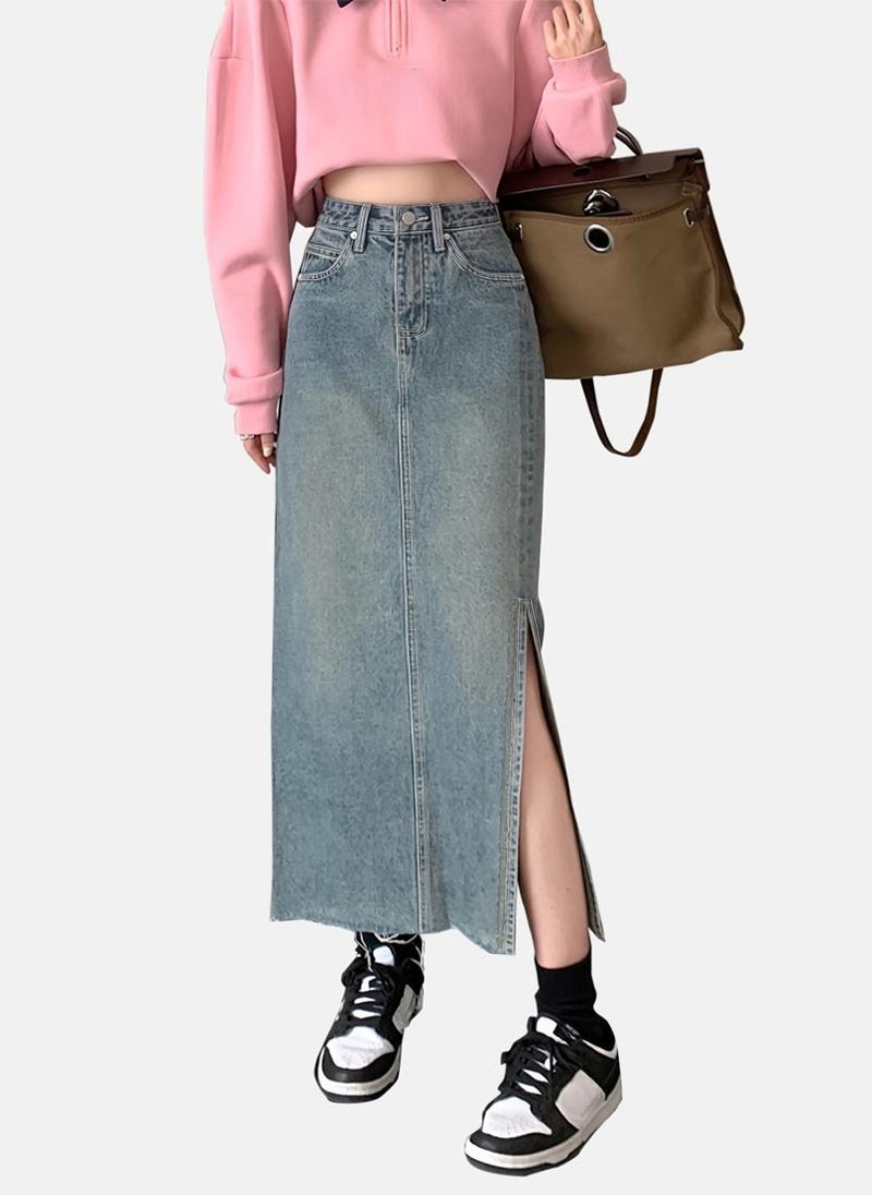 YUNIQEE Blue Solid Denim Midi Skirt - Image 4