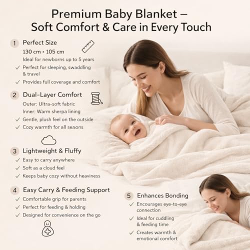 BRANDONN Baby Blanket 130x105 cm – Ultra Soft Dual Layer Sherpa & Flannel, Lightweight Warm Newborn Blanket for Crib, Stroller, Travel & Feeding, Skin-Friendly, 1 Month Till 5 Years (Offwhite) - Image 2