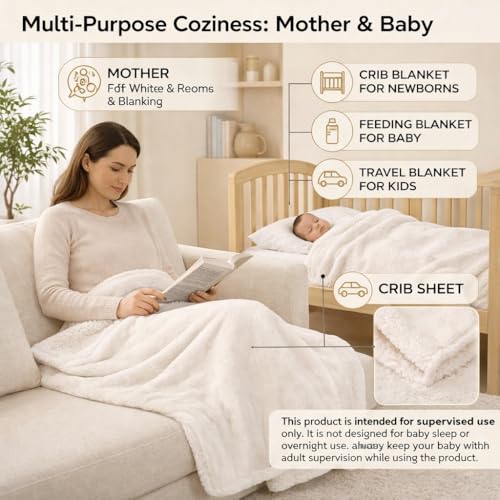 BRANDONN Baby Blanket 130x105 cm – Ultra Soft Dual Layer Sherpa & Flannel, Lightweight Warm Newborn Blanket for Crib, Stroller, Travel & Feeding, Skin-Friendly, 1 Month Till 5 Years (Offwhite) - Image 3