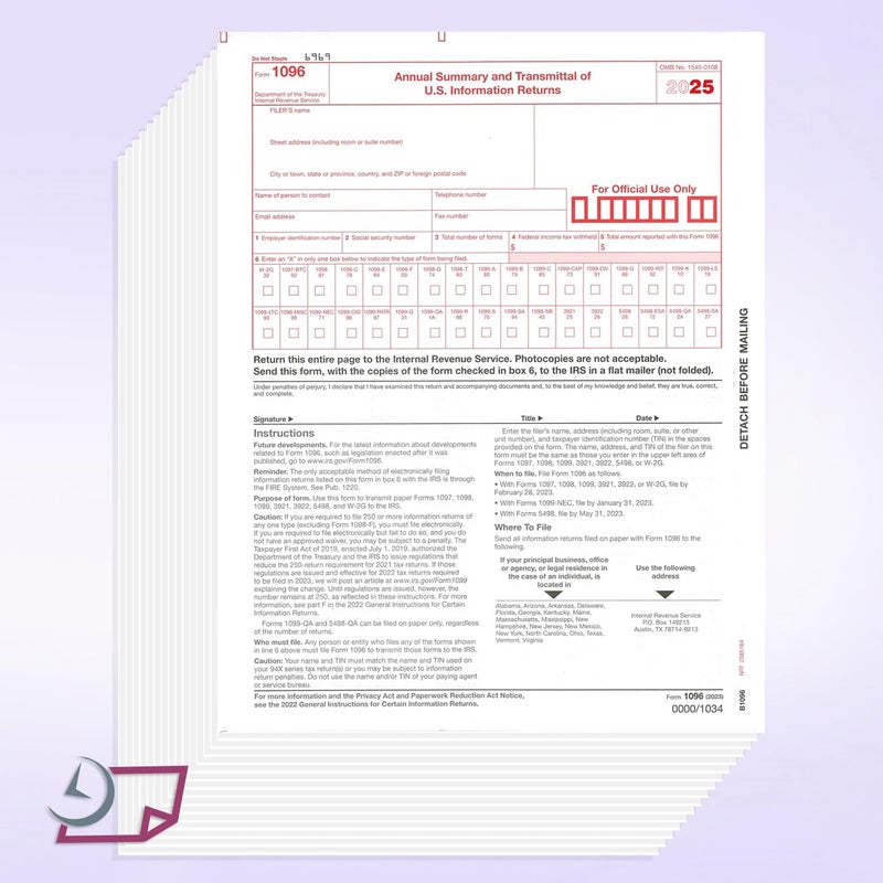 NextDayLabels - 1096 Transmittal "New for 2025" Tax Forms, for Laser or Inkjet Printers, Quickbooks and Other Accounting Software Compatible (Pack of 25) - Image 4