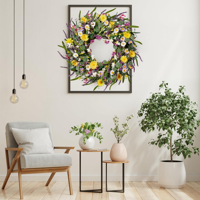 Sggvecsy Daisy and Lavender Wreath 24â€™â€™ Wildflower Wreath Spring and Summer Artificial Spring Silk Summer for Front Door Home Wall Wedding Festival Farmhouse Holiday Decor - Image 5