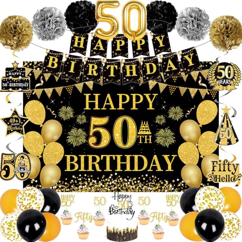 YTHETM 50th Birthday Decorations for Men Women 46 Pcs Black Gold Happy 50 Year Old Party Supplies 1976 Birthday Gifts Banner Backdrop Balloon Cake Topper Honeycomb Centerpiece Hanging Swirls Set - Image 1