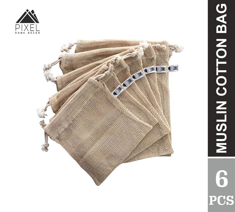 Pixel Home 100% Muslin Cotton Reusable Vegetable Storage Bags - Eco Friendly (Pack of 6) - Image 2