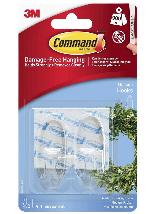 Command Plastic Medium Self Adhesive Damage Free Wall Hanging Hooks Personal Décor, Holds 900 Gm, (2 Hooks, 4 Strips), No Drilling, No Wall Damage Transparent  - Image 1