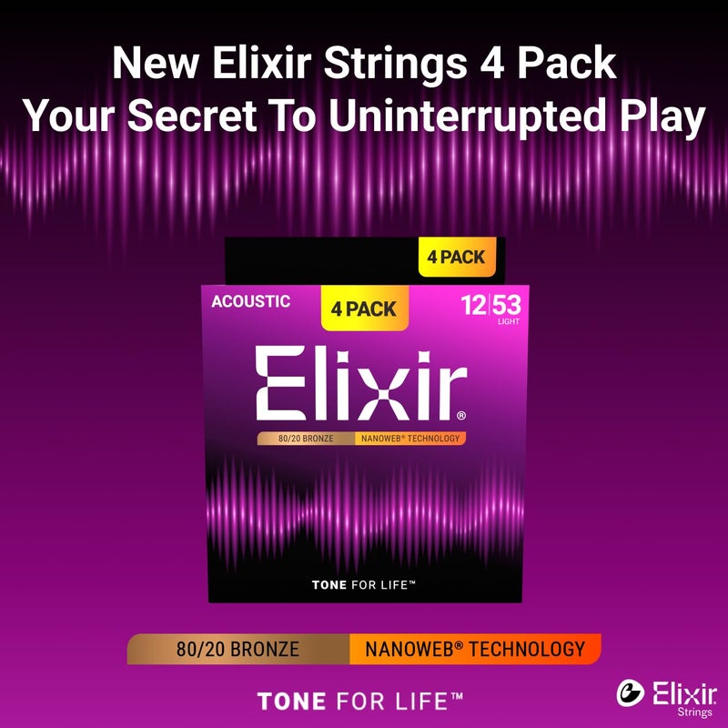 ELIXIR أوتار إليكسير، أوتار جيتار أكوستيك، برونز 80/20 بتقنية NANOWEB، نغمة ساطعة ومركزة تدوم طويلاً مع شعور مريح، عبوة 4، خفيفة 12-53 - Image 2
