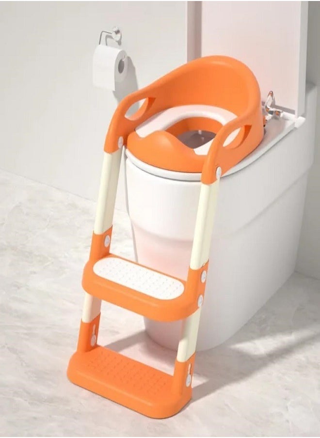 Generic Potty Training Seat with Ladder, Foldable Ladder Potty for Kids, Splash Guard, Comfortable Non-Slip Base (Orange) 