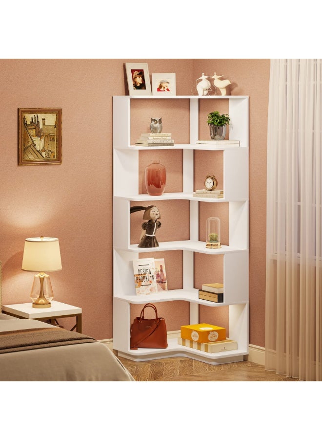 LITTLE TREE رف كتب زاوي 6 طبقات، رف كتب زاوي بارتفاع 165 سم مع لوحة مضادة للسقوط، خزانة كتب عصرية مع تخزين، وحدة عرض خشبية للمكتب المنزلي، غرفة المعيشة، بيضاء - Image 4