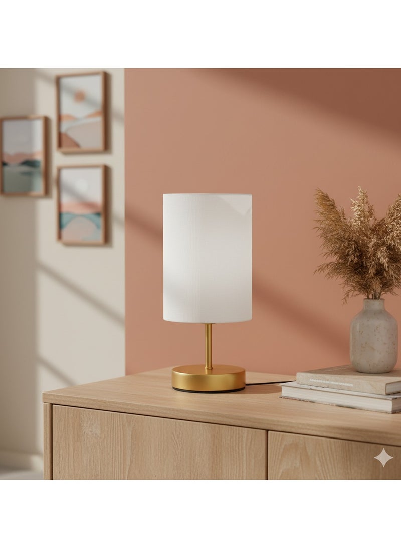 الروضة للإضاءة اباجورة شكل مميز وانيق بشابوة قماش فريد معدن - اباجورة مودرن لغرف النوم والمعيشة - دهبي | اللون: دهبى × ابيض | المقاس: 35x15x15 سم - Image 2