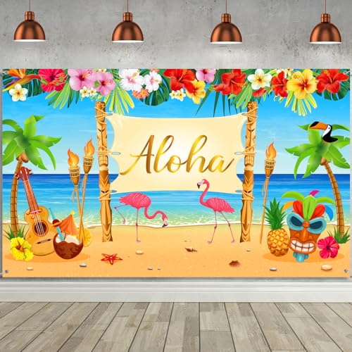 Sumind Hawaiian Summer Hawaiian Beach Photography Tropical Backdrop Luau Aloha Party Decoration Banner Tropical Backdrop for Photo Booth - Image 1