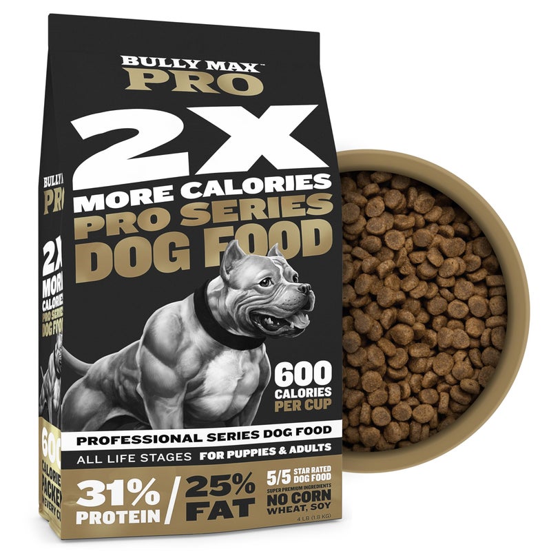 Bully Max Pro 2X High Calorie & High Protein Dry Dog Food for Puppy & Adult Dogs - Healthy Weight Gain & Muscle Building for Small & Large Breeds - Slow-Cooked, 600 Calories/Cup, Chicken Flavor, 4lb. - Image 1