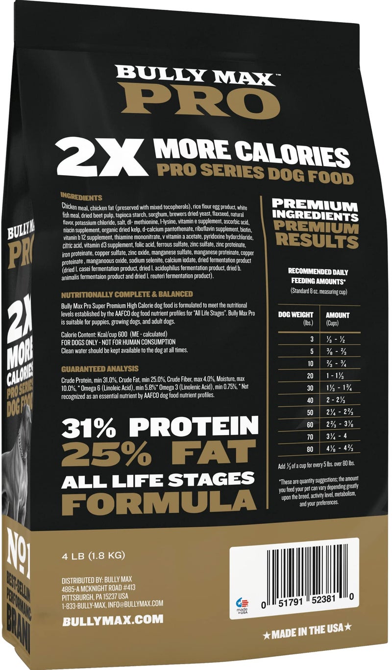 Bully Max Pro 2X High Calorie & High Protein Dry Dog Food for Puppy & Adult Dogs - Healthy Weight Gain & Muscle Building for Small & Large Breeds - Slow-Cooked, 600 Calories/Cup, Chicken Flavor, 4lb. - Image 2