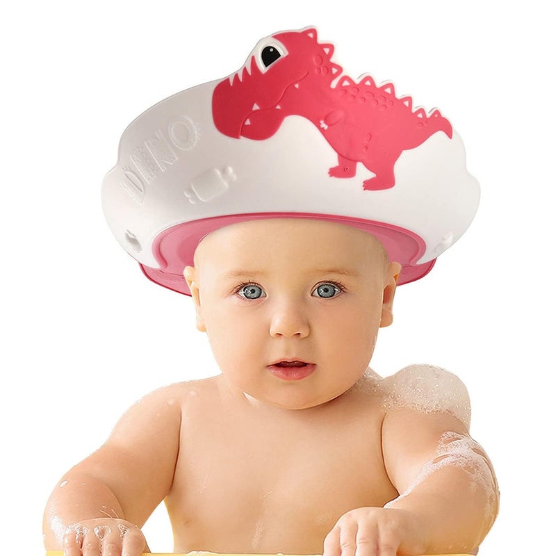 FUNUPUP Baby Shower Cap for Kids, Baby Bath Shampoo Visor Cap Hair Washing Shield Adjustable Silicone Bath Hat for Toddler Girls and Boys (Dinosaur,Red) - Image 1