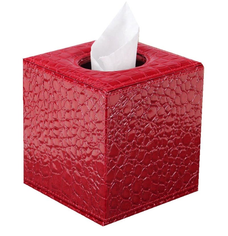 S Forever Home Decor Tissue Box Cover PU Leather Square Tissue Box Holders (Red Crocodile) - Image 1