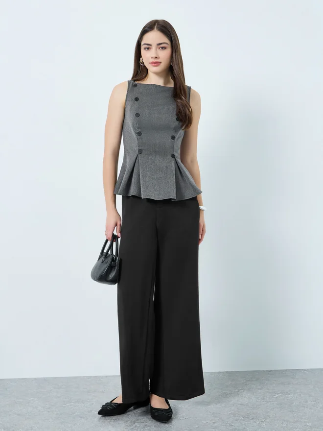 Styli Styli Dark Grey Tailored Peplum Top with Button Detail