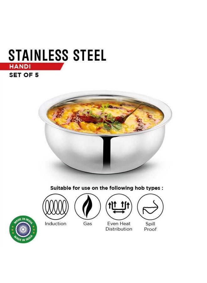 Nirvika Stainless Steel Handi Set Kitchen appliances Cooking Serving cookware Steel Dinner Set Bowl Pot Pan Combo tapeli/pateli/bhagona/Milk pan Set of 5 Piece 425 ml, 550 ml, 850 ml, 1250 ml 1500 ml - Image 5