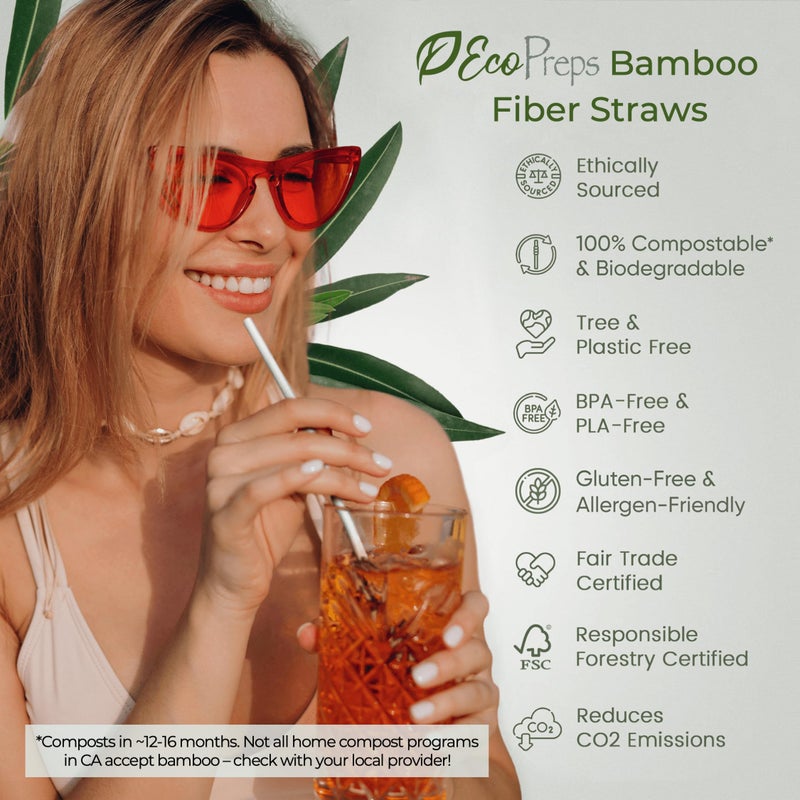 EcoPreps 10â€ Biodegradable Bamboo Fiber Straws, Extra-Long Straw | 100 Count, 100% Compostable, Plastic-Free, Eco-Friendly Drinking Straw | Plant Fiber, Party Jumbo Disposable Straws, 10 Inches Tall - Image 4