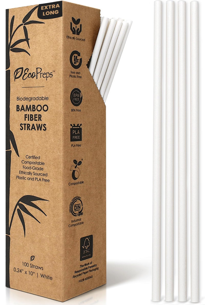 EcoPreps 10â€ Biodegradable Bamboo Fiber Straws, Extra-Long Straw | 100 Count, 100% Compostable, Plastic-Free, Eco-Friendly Drinking Straw | Plant Fiber, Party Jumbo Disposable Straws, 10 Inches Tall - Image 1