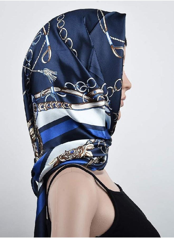 Corciova - corciova 100% Polyester Silk Feeling 35 x 35 Kerchief Neck Scarf for Women Chains Navy - Image 1