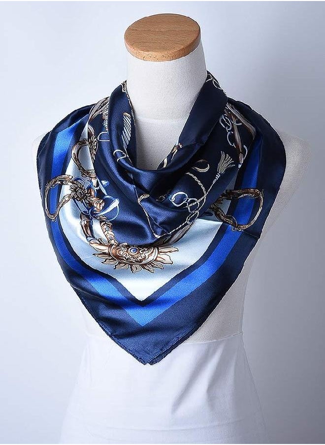 Corciova - corciova 100% Polyester Silk Feeling 35 x 35 Kerchief Neck Scarf for Women Chains Navy - Image 1