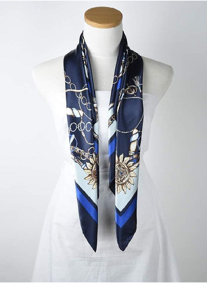 Corciova - corciova 100% Polyester Silk Feeling 35 x 35 Kerchief Neck Scarf for Women Chains Navy - Image 1