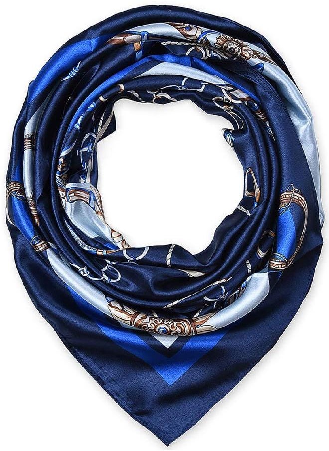 Corciova - corciova 100% Polyester Silk Feeling 35 x 35 Kerchief Neck Scarf for Women Chains Navy - Image 1
