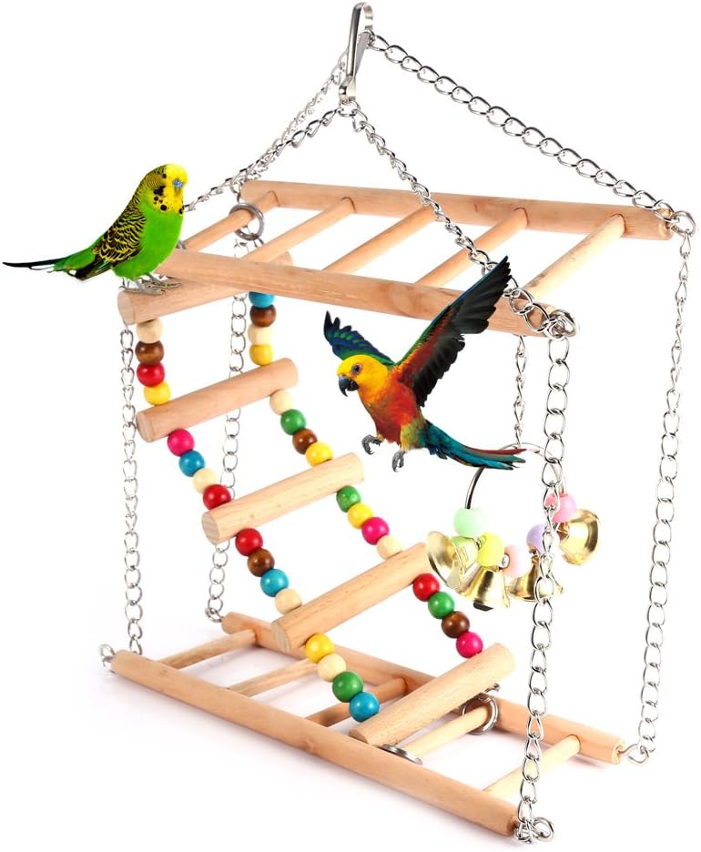 klarako Ladder Bird Toy, Wooden Rainbow Bridge Steps Stairs Climbing Swing Double-Layer Toys for Pet Hamster Parakeet Budgie Cockatiel Trainning - Image 1