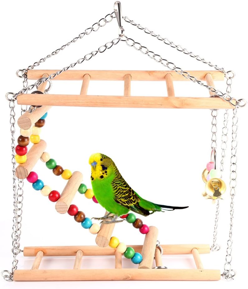 klarako Ladder Bird Toy, Wooden Rainbow Bridge Steps Stairs Climbing Swing Double-Layer Toys for Pet Hamster Parakeet Budgie Cockatiel Trainning - Image 2