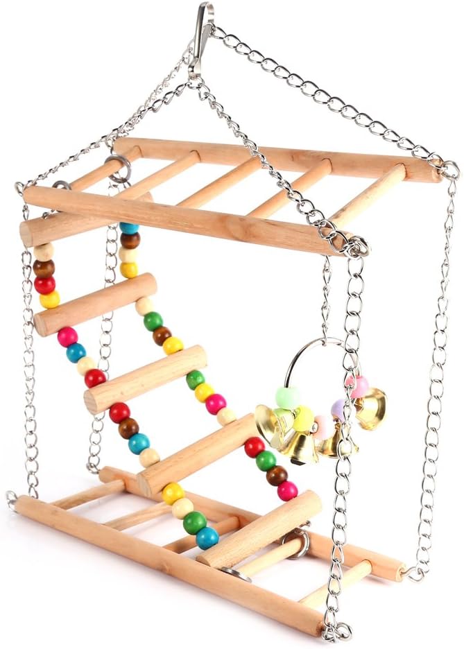 klarako Ladder Bird Toy, Wooden Rainbow Bridge Steps Stairs Climbing Swing Double-Layer Toys for Pet Hamster Parakeet Budgie Cockatiel Trainning - Image 3