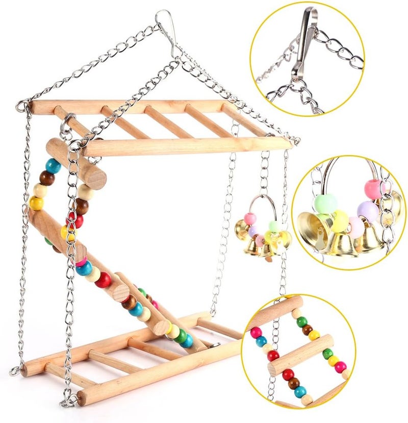 klarako Ladder Bird Toy, Wooden Rainbow Bridge Steps Stairs Climbing Swing Double-Layer Toys for Pet Hamster Parakeet Budgie Cockatiel Trainning - Image 5