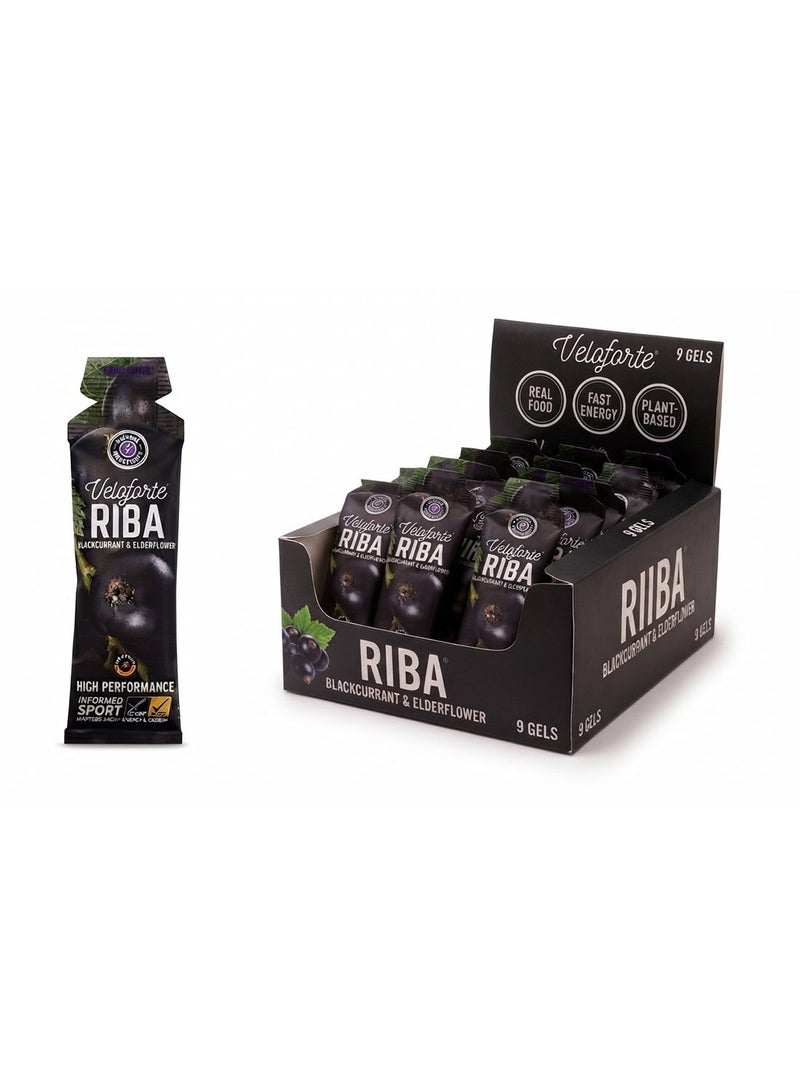 Veloforte Riba Natural Energy Gel - Blackcurrant & Elderflower - 22g Carbs, 110mg Electrolytes, Caffeine Free, Vegan & Gluten Free - 9 x 33g (Pack of 9) - Image 1