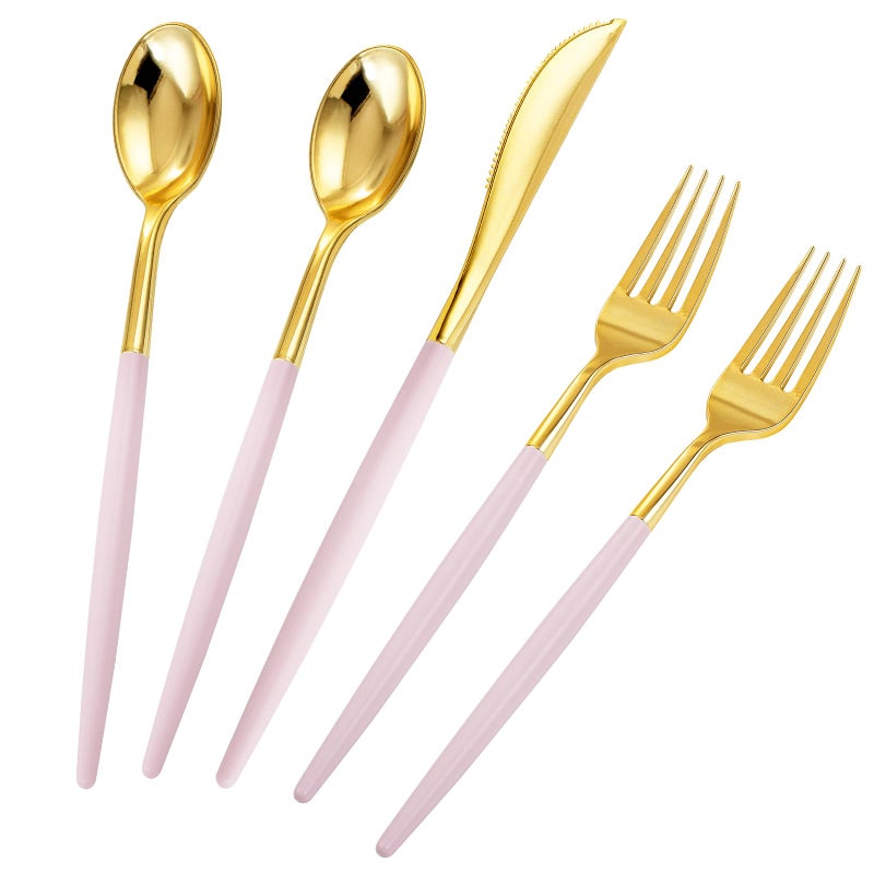 Rubtlamp 90Pcs Gold Plastic Silverware Gold Plastic Utensils With Pink Handles Include 30 Plastic Gold Knives 60 Plastic Forks and Spoons Pink Plastic Silverware Heavy Duty For Party