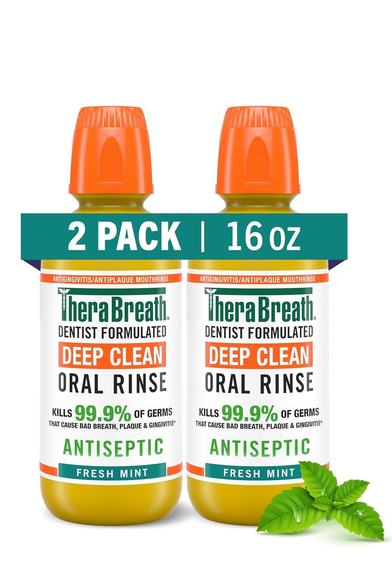 ثيرابريذ غسول الفم ثيرابريث للتنظيف العميق، مضاد لالتهاب اللثة، مطهر، بنكهة النعناع المنعش، تركيبة أطباء الأسنان، خالٍ من الكحول، 16 أونصة سائلة (عبوة من قطعتين)