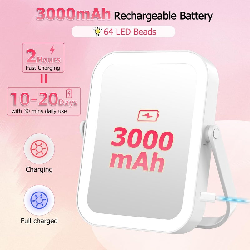 FUNTOUCH Travel Makeup Mirror with Lights, 2000mAh Rechargeable Double-Sided 10X/1X Magnifying Mirror, Portable Beauty LED Vanity Mirror, 3 Color Dimmable Lighting, Tabletop Handhold Hanging, White - Image 3