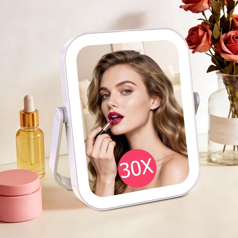 FUNTOUCH Travel Makeup Mirror with Lights, 2000mAh Rechargeable Double-Sided 10X/1X Magnifying Mirror, Portable Beauty LED Vanity Mirror, 3 Color Dimmable Lighting, Tabletop Handhold Hanging, White - Image 1