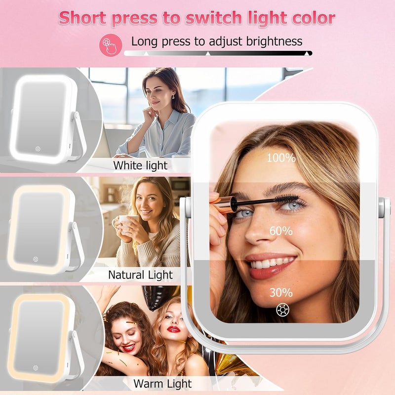FUNTOUCH Travel Makeup Mirror with Lights, 2000mAh Rechargeable Double-Sided 10X/1X Magnifying Mirror, Portable Beauty LED Vanity Mirror, 3 Color Dimmable Lighting, Tabletop Handhold Hanging, White - Image 5