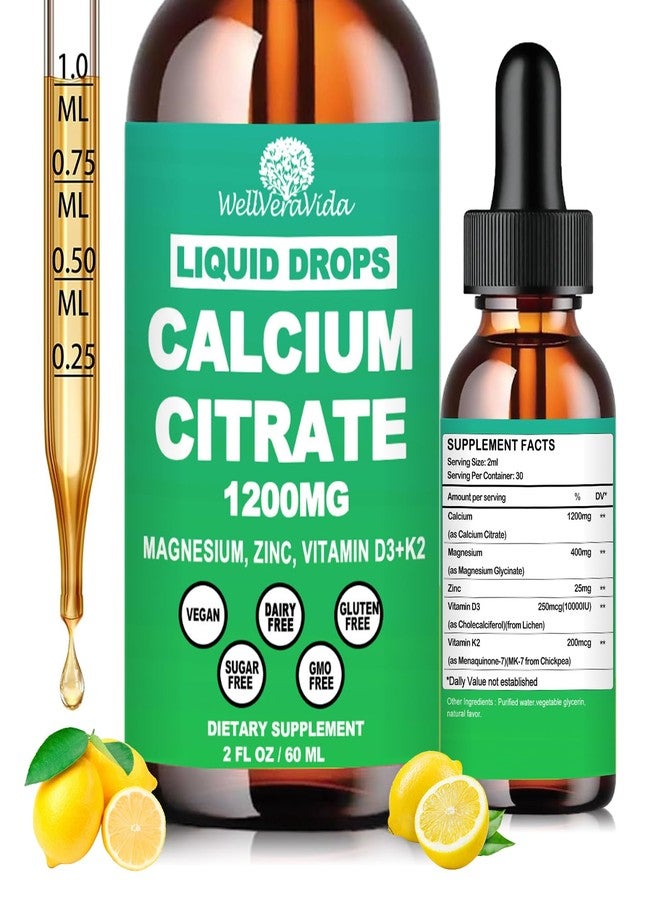WellVeraVida Calcium Citrate Supplements for Women & Men, Calcium 1200mg with Vitamin D3 K2 Drops, High Absorption Liquid Calcium Magnesium Zinc Supplement for Bone, Teeth, Cardiovascular & Immune Health, Vegan - Image 1