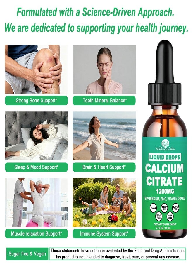 WellVeraVida Calcium Citrate Supplements for Women & Men, Calcium 1200mg with Vitamin D3 K2 Drops, High Absorption Liquid Calcium Magnesium Zinc Supplement for Bone, Teeth, Cardiovascular & Immune Health, Vegan - Image 2