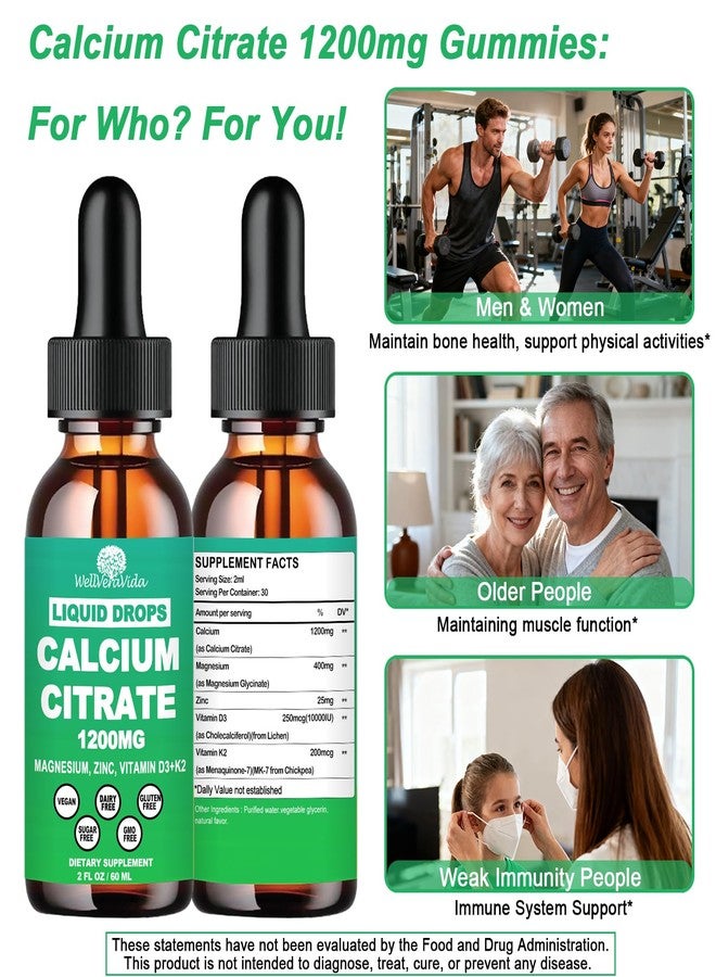 WellVeraVida Calcium Citrate Supplements for Women & Men, Calcium 1200mg with Vitamin D3 K2 Drops, High Absorption Liquid Calcium Magnesium Zinc Supplement for Bone, Teeth, Cardiovascular & Immune Health, Vegan - Image 3