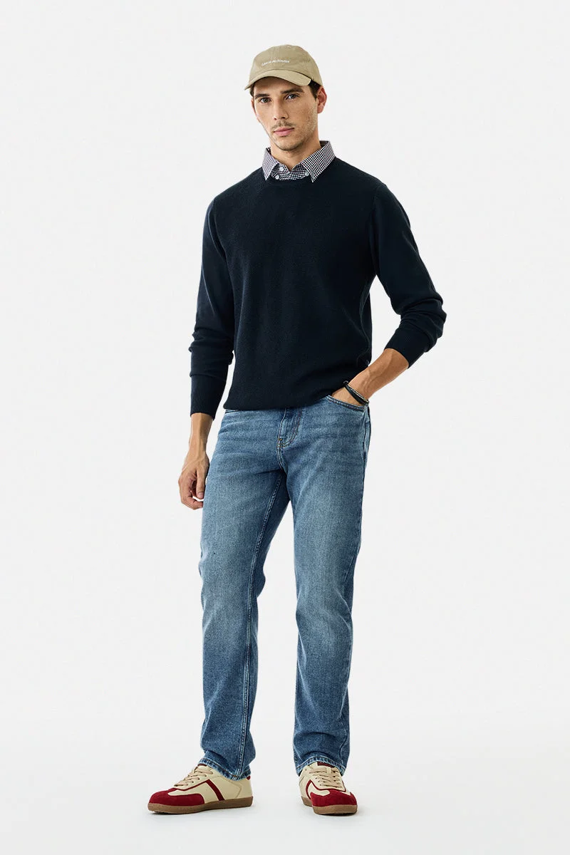 SNITCH Mid Blue Mid Blue Solid Relaxed Casual Jeans for Men | Best Price UAE