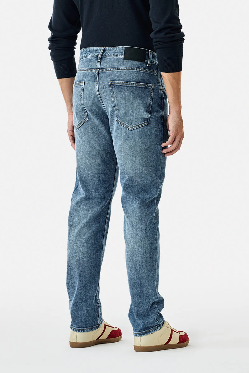 SNITCH Mid Blue Mid Blue Solid Relaxed Casual Jeans for Men | Best Price UAE