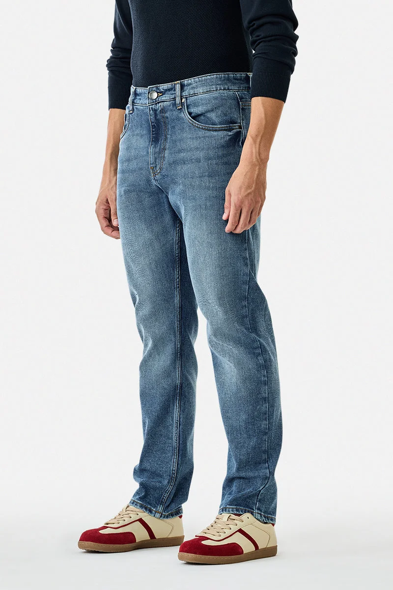 SNITCH Mid Blue Mid Blue Solid Relaxed Casual Jeans for Men | Best Price UAE
