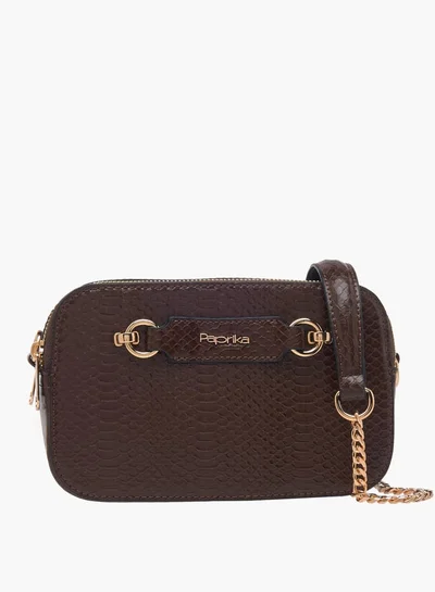 Paprika Women Textured Crossbody Bag with Chain Strap and Zip Closure