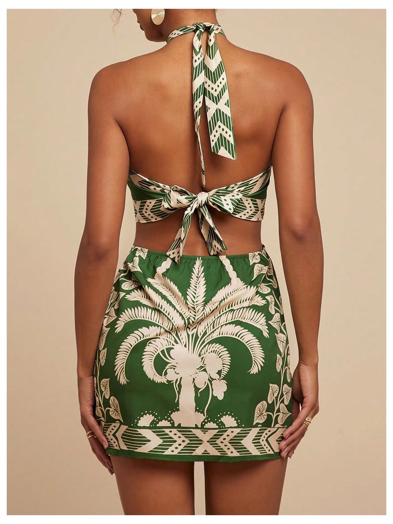 MakeMeChic Women's Boho Mini Dress Summer Beach Vacation Halter Dresses Floral Sundress Green Medium - Image 3