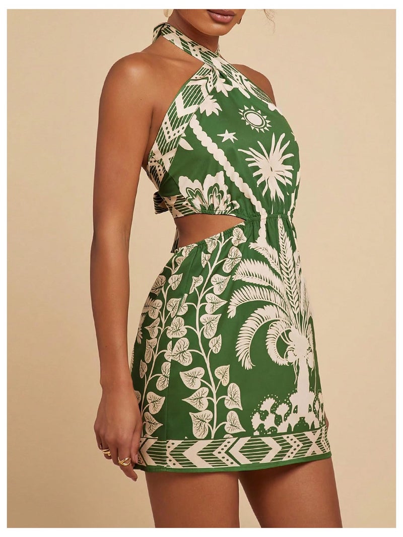 MakeMeChic Women's Boho Mini Dress Summer Beach Vacation Halter Dresses Floral Sundress Green Medium - Image 2