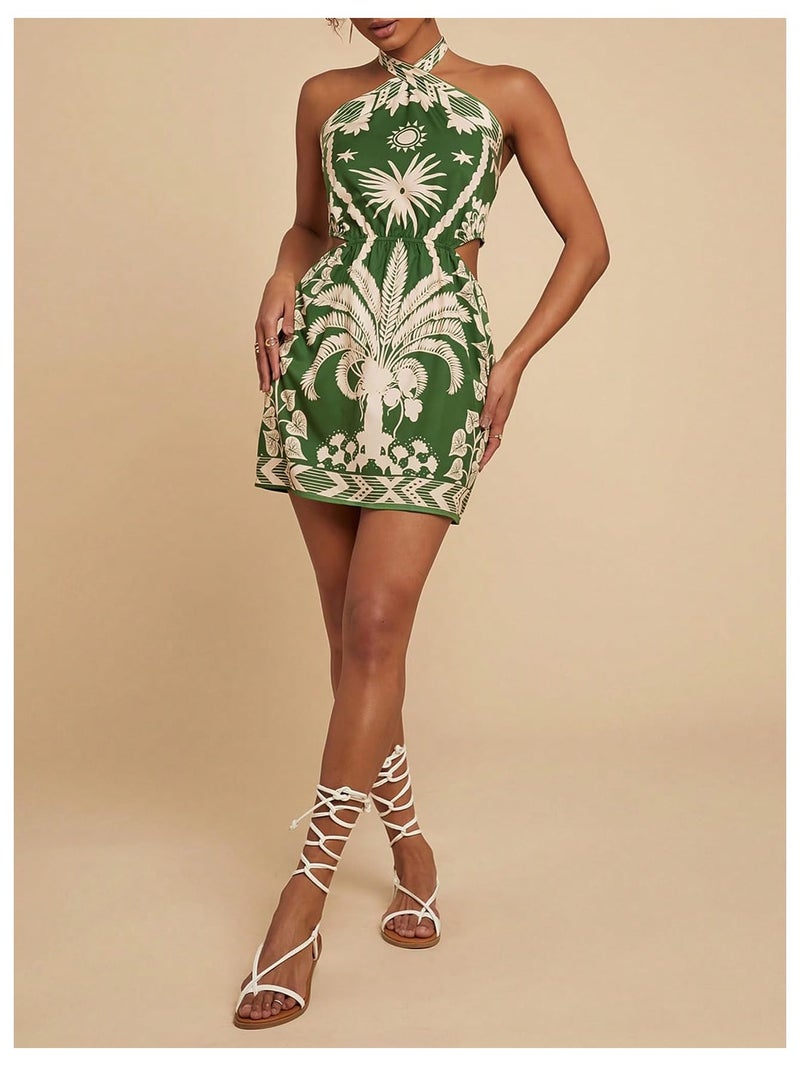 MakeMeChic Women's Boho Mini Dress Summer Beach Vacation Halter Dresses Floral Sundress Green Medium - Image 5