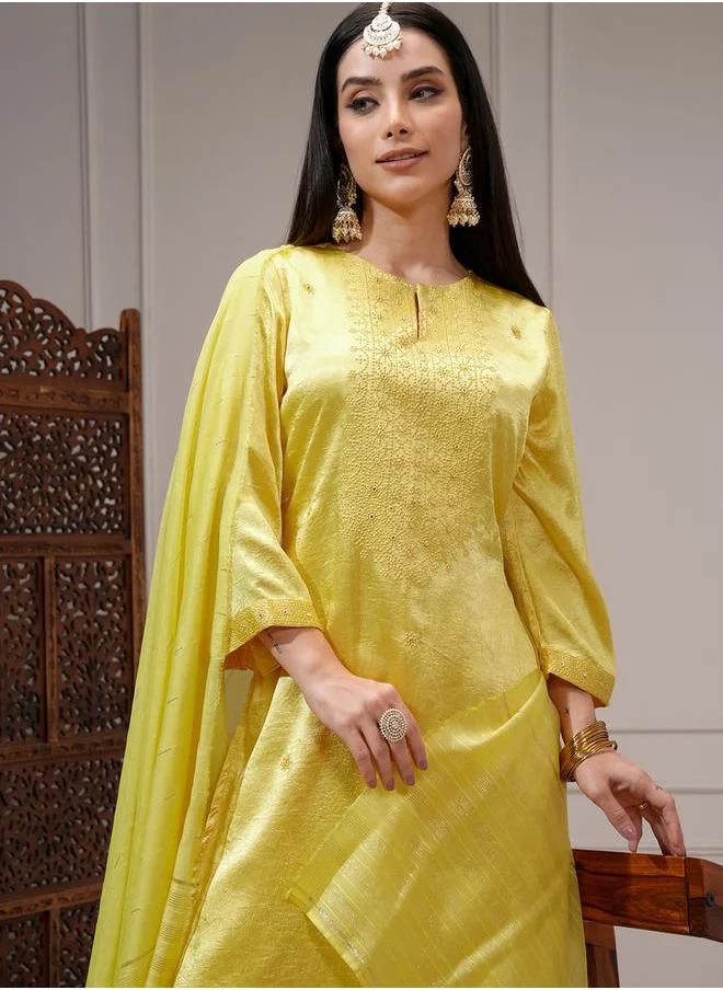 Vishudh Women Yellow Embroidered Kurta Set by Styli