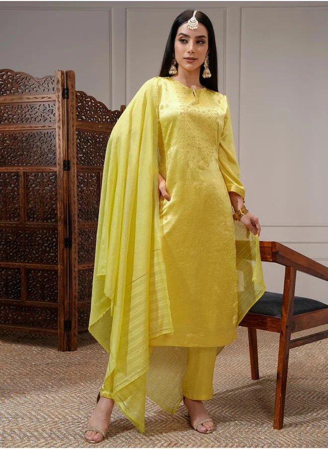 Vishudh Women Yellow Embroidered Kurta Set by Styli